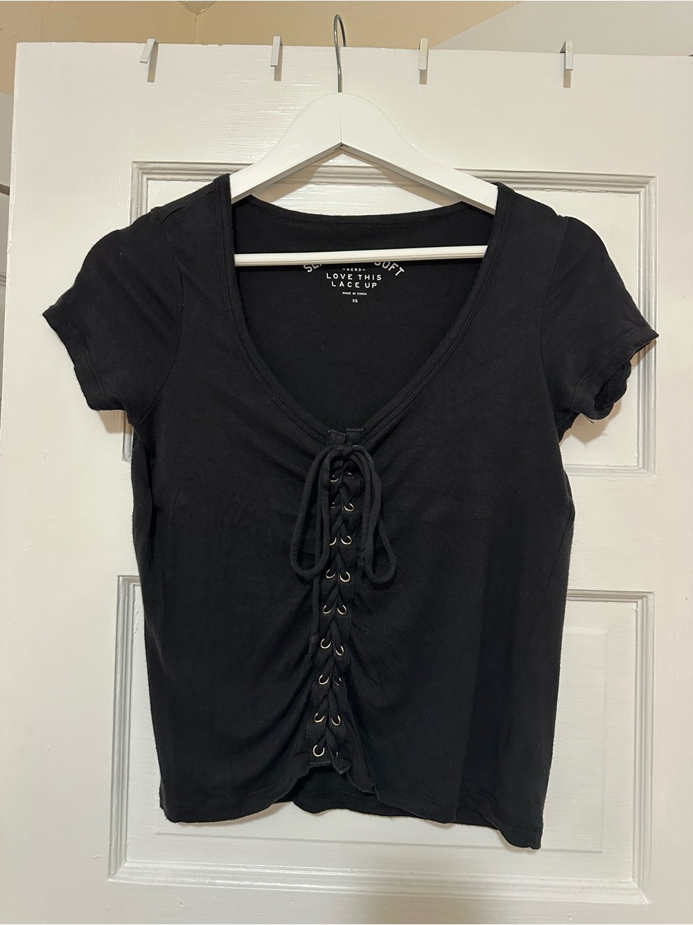 Black Lace-Up Short Sleeve Scoop Neck Top